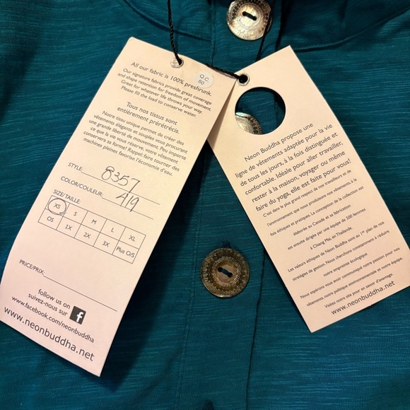 Neon Buddha Turquoise Tunic 3/4 Sleeve Mandarin Collar, Pockets, NWT - Picture 7 of 8